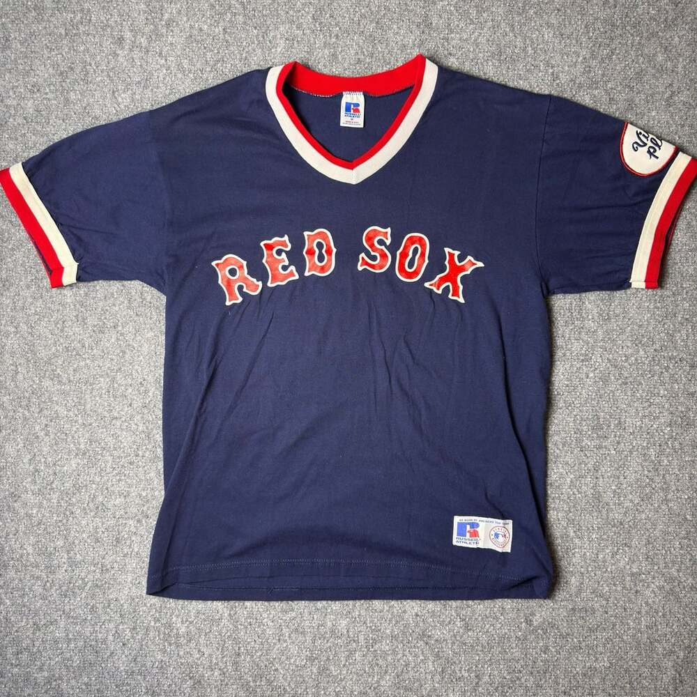 Russell Athletic Boston Red Sox V-Neck T-Shirt Size M Navy Vintage